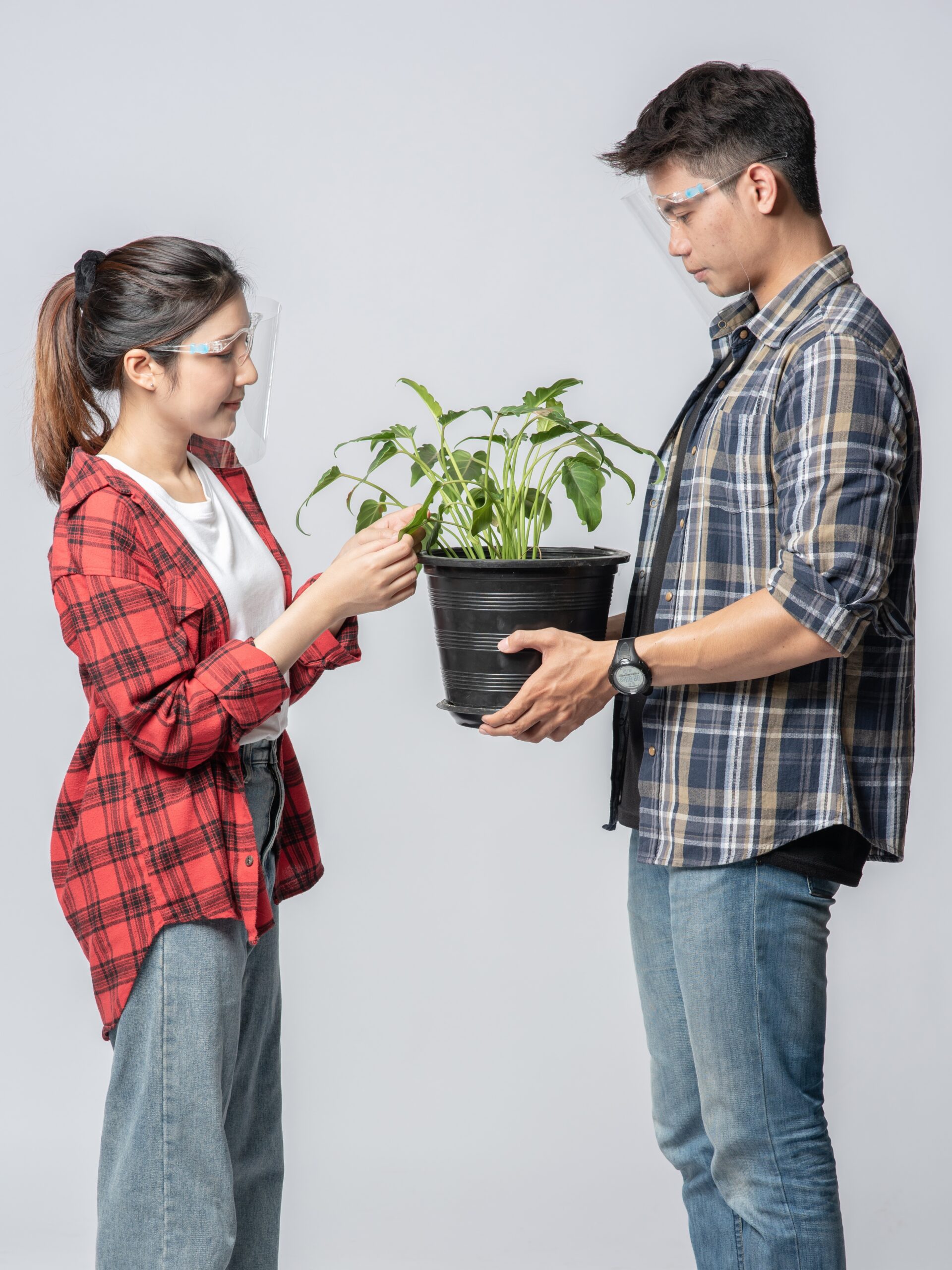 Men and women standing and holding plant pots in the house